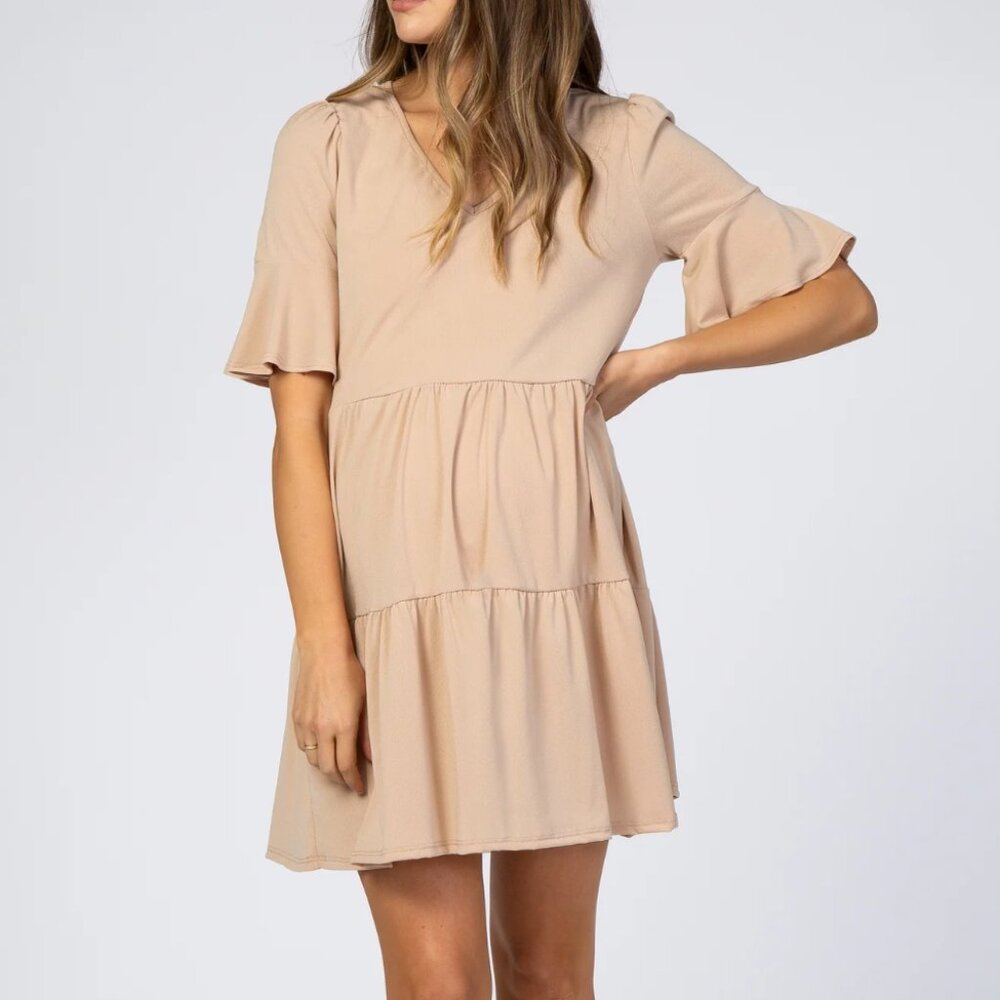 Bundle of 2 Maternity dresses, Taupe, Beige, Vneck, Flutter sleeve, sz S